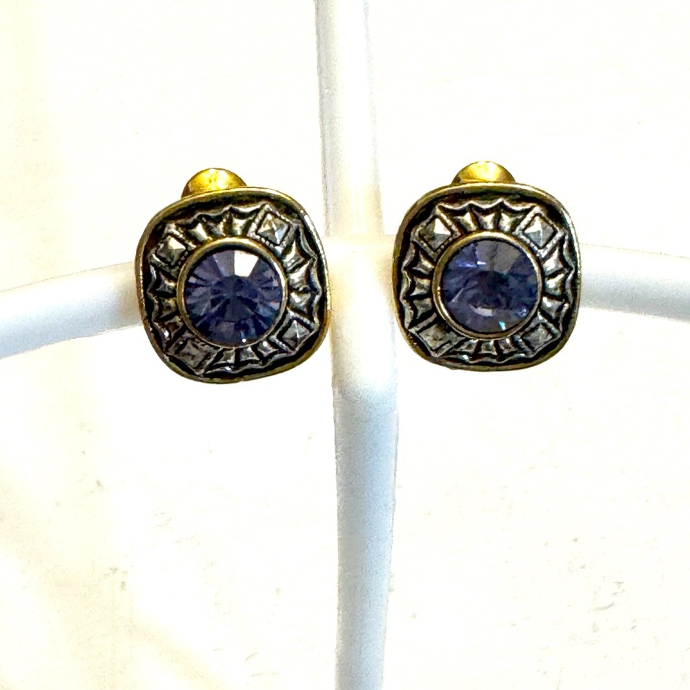 Lovely Silver and Gold Tone Purple Crystal Square Clip-On Earrings